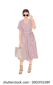 Women on high heels dressed in stylish trendy clothes - female fashion illustration