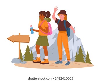 Women on hike. Female characters outdoor adventure, hiking active tourist girls, trekking and backpacking flat vector illustration. Ladies hiking on trail