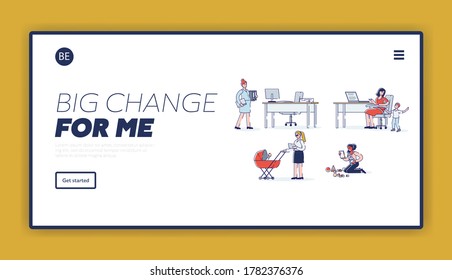 Women on maternity leave landing page with young mothers working from home with kids. Pregnancy, motherhood and career concept. Female work in office or freelancers. Linear vector illustration