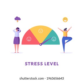 Women are on the mood scale. Concept of emotional overload, stress level, burnout, increased productivity, tiring, boring, positive, frustration employee in job. Vector illustration in flat design