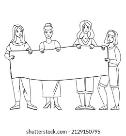 Women On Protest Demonstration Hold Banner Black Line Pencil Drawing Vector. Young Girls Protesting With Blank Poster On Demonstration. Characters Ladies Protesting Together On Meeting Illustration