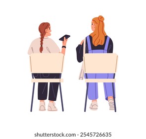 Mujeres en Vacantes hablan durante la conferencia, seminario vista posterior. Las Personas conversan en el taller. La audiencia se sienta en sillas, se comunica por llamada telefónica mientras se realiza. Ilustración vectorial aislada plana en blanco