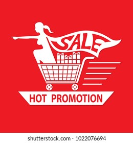 Women on shopping cart with wording sale and hot promotion isolated on red background, Shopping grand sale, offer, discount concept.