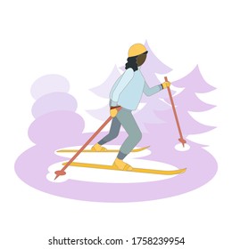 A women on ski, winter trees, a snowman on white isolated background, vector illustration for prints on clothes, sketchbooks, posters or using for websites as an art or elements of design.