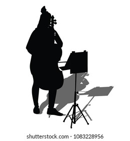 Women on street vector silhouette illustration playing contra-bass. Music girl standing on the concert event.