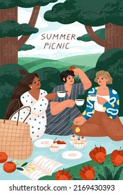 Women on summer picnic. Girls friends relaxing on blanket in nature with tea and desserts outdoors on holidays, weekend. Card design with girlfriends in park. Colored flat vector illustration