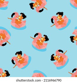 Women on swimming rings, seamless pattern. Flat vector illustration, for t-shirt prints, posters and other uses.