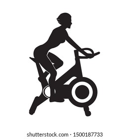 Women on training bike. Stationary exercise bike workout. Black silhouette on white background. Gym with girl doing fitness. Healthy concept and wellness lifestyle.