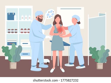 Ilustración vectorial de color plano oncológica de las mujeres. Tratamiento de la clínica de cáncer de mama. Las mujeres visitan el hospital para ser examinadas. Médicos con mujeres pacientes personajes de dibujos animados 2D con interiores en segundo plano