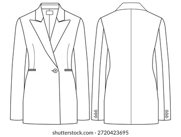 Frauen Ein Knopf Blazer Technische Zeichnung Vektor Mode Flache Illustration Vorder-und Rückseite