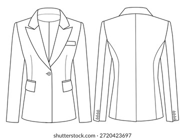 Frauen Ein Knopf Blazer Technische Zeichnung Vektor Mode Flache Illustration Vorder-und Rückseite