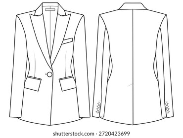 Frauen Ein Knopf Blazer Technische Zeichnung Vektor Mode Flache Illustration Vorder-und Rückseite