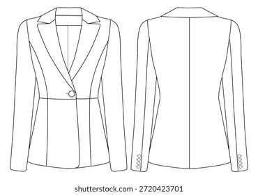 Frauen Ein Knopf Blazer Technische Zeichnung Vektor Mode Flache Illustration Vorder-und Rückseite
