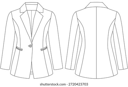 Frauen Ein Knopf Blazer Technische Zeichnung Vektor Mode Flache Illustration Vorder-und Rückseite