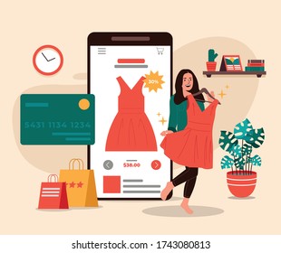 Women Online Shopping Dress Vector Illustration