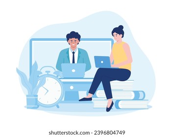 women online video communication with the concept of discussing or studying remotely trending concept flat illustration