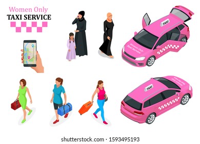 Women Only Taxi Service concept. Smartphone and touchscreen.