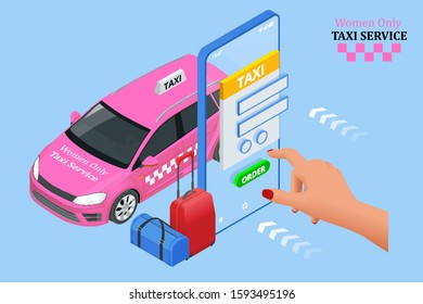 Women Only Taxi Service concept. Smartphone and touchscreen.