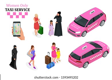 Women Only Taxi Service concept. Smartphone and touchscreen.