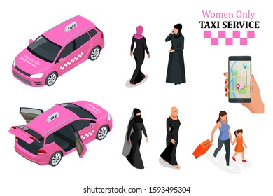 Women Only Taxi Service concept. Smartphone and touchscreen.