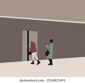 Women opened the door and walked in with her friend at the coffee shop. People on vacation eating at outdoor restaurant
