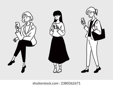 Women operating smartphones. Simple line drawing. Full body illustration of a woman using a smartphone.