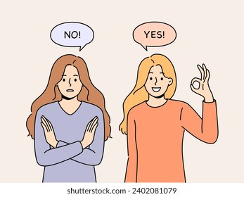 Women with opposing opinions demonstrate yes and no gestures, answering question or suggestion. Young girls with opposing views show positive and negative emotions looking at screen