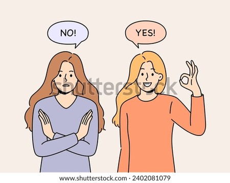 Women with opposing opinions demonstrate yes and no gestures, answering question or suggestion. Young girls with opposing views show positive and negative emotions looking at screen