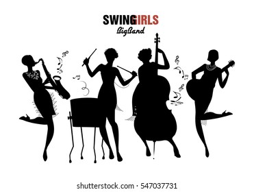 Women Orchestra. Big Band Girls. Four girl playing jazz, swing or charleston. Vector Illustration isolated. White background