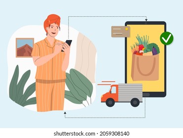 women order grocery online from phone from home and the grocery send by the truck delivery vector illustration. used for website illustration, landing page image and other