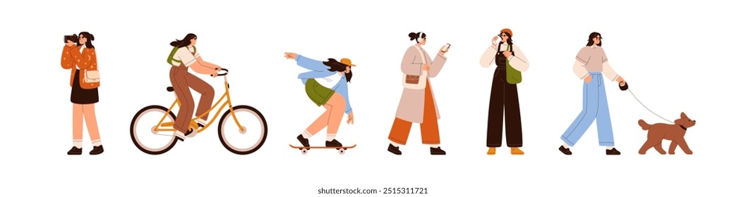 Women at outdoor leisure activities set. Daily life, routine, cycling, walking dog, strolling with headphones, skateboarding and photography. Flat vector illustration isolated on white background