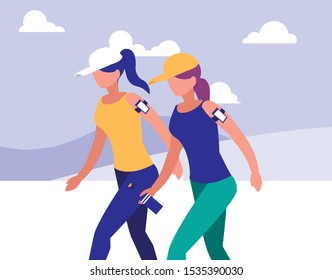 women outdoors exercising with background landscape vector illustration design