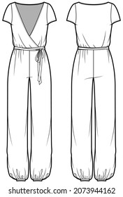 Women Overlap Tank Jumpsuit with Belt Front and Back View. Fashion Illustration, Vector, CAD, Technical Drawing, Flat drawing.