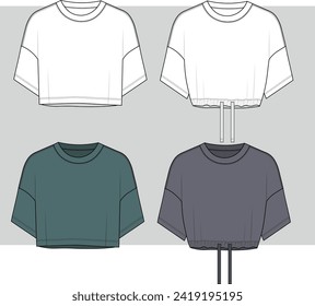 Frauen übergroß Crop tee Shirt Mode flach Sketch Vorlage. Girls Technical Fashion Illustration. Kopfbedecktes Set.  Legen Sie die Vorlage hoch. Kurzschlauchzeichnung von Frauen