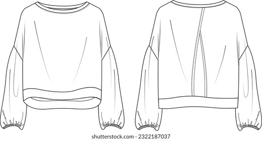 women oversize wide collar,shirred long sleeve,flowy lightweight pullover sweatshirt,open back top technical drawing vector	
