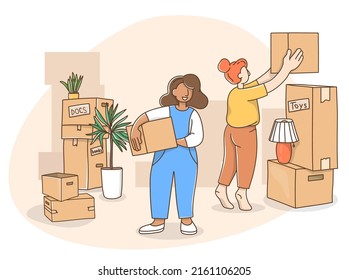 Women pack things in boxes during the move. Vector illustration in doodle style.