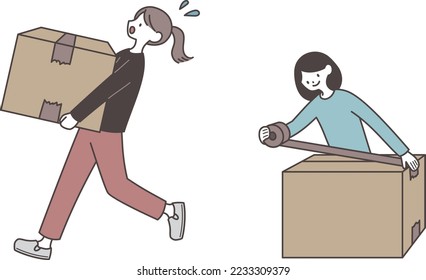 Women packing with cardboard boxes