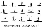 Women paddle boarding. Female SUP silhouette on white background.