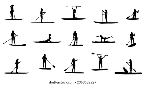 Women paddle boarding. Female SUP silhouette on white background.