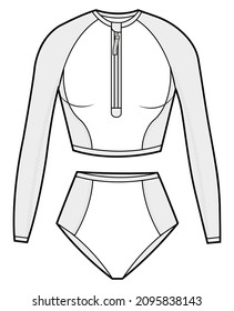 women paddle suit two piece zip front long sleeve swimwear, rash guard, wetsuit, surfing suit, beach wear flat sketch vector illustration