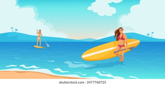 Mujeres de paddleboarding en el mar, ilustración colorida, con un fondo tropical. Concepto de deportes acuáticos y ocio. Ilustración vectorial