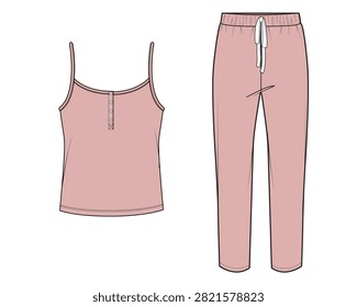 Women pajama set button strap camisole and long pants flat sketch fashion technical drawing