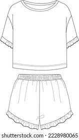 Women pajama sleepwear with crop top and wide short pant. Technical Fashion Illustration.  drawing. sleep wear home wear.