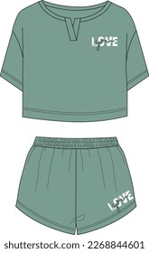 Women pajama sleepwear with crop top and wide short pant. home wear set drawing with print shine