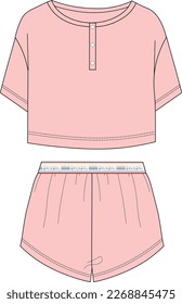 Women pajama sleepwear with crop top and wide short pant. home wear set drawing with for fun