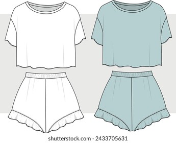 Ropa de dormir de pijama de mujer con blusa y pantalón corto ancho. Ropa de noche de mujer - dibujo de ropa interior. Boceto plano de moda. 