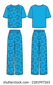 Women pajama sleepwear with sheep pattern. Blue t-shirt and pants