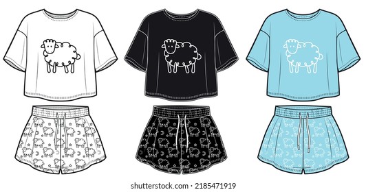 Women pajama sleepwear with sheep pattern. Wide fit top and shorts