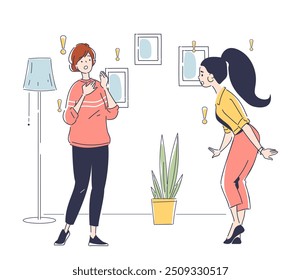 Women in panic concept. Young girl with exclamation marks at home. Negative feelings and emotions. Shock and frustration. Linear flat vector illustration isolated on white background