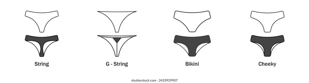 Mujeres bragas vector. Un conjunto de bragas de mujeres diferentes. Una colección de tipos de ropa interior femenina. El concepto de ropa interior para las mujeres.
